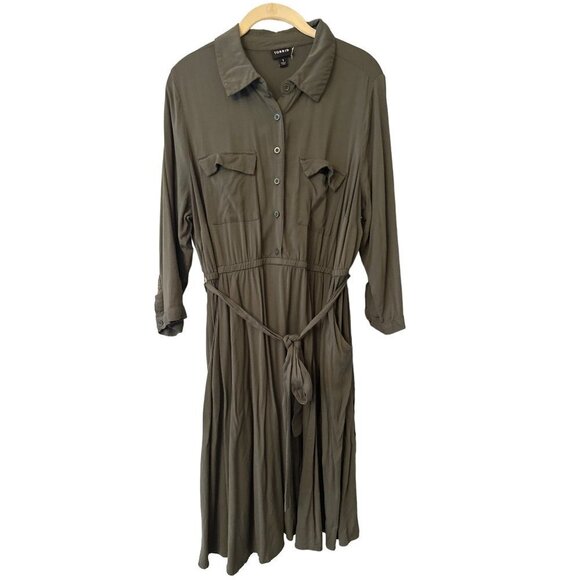 Torrid Olive Green Twill Button Front Waist Tie Shirt Dress Size 1 - Picture 1 of 7